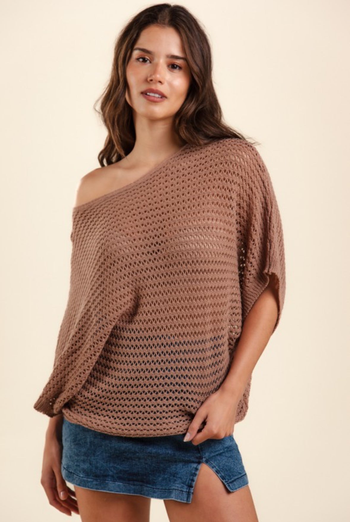 Mocha Off-Shoulder Open Knit Sweater