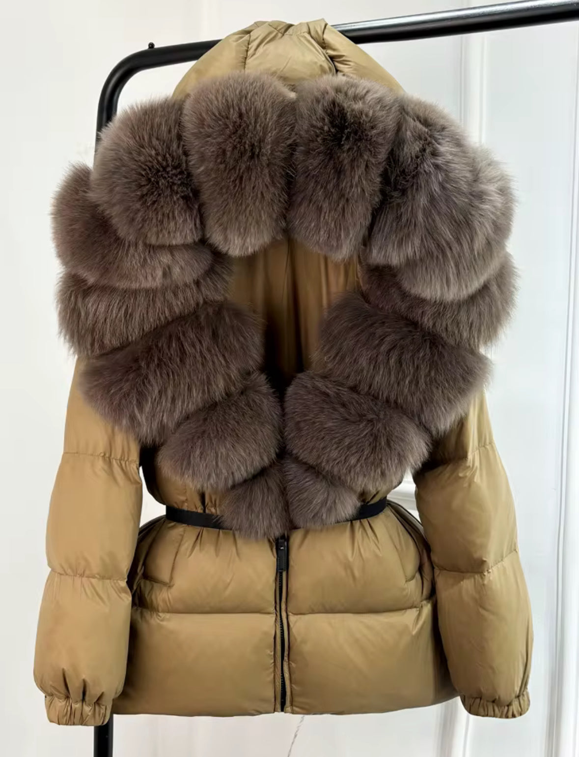 Olive  Luxurious Down Jacket with Brown Fox Fur Collar Trim