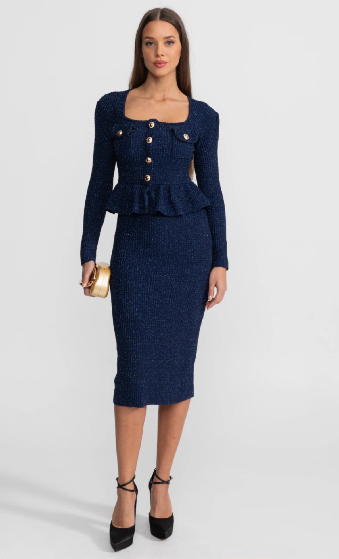 Midnight Glow Metallic Knit Midi Dress